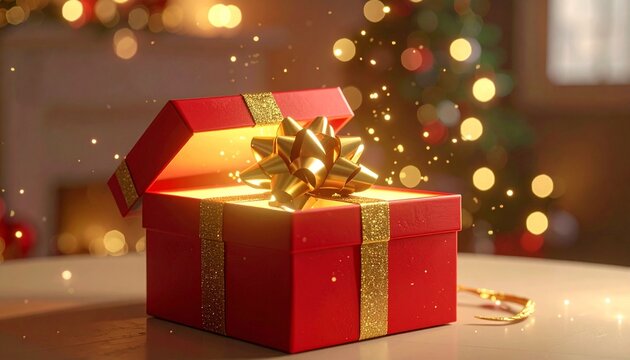 egalo de Navidad rojo brillante con un lazo dorado met&aacute;lico sobre un fondo neutro. El lazo comienza a desatarse solo, con movimiento suave y realista, desliz&aacute;ndose y afloj&aacute;ndose.