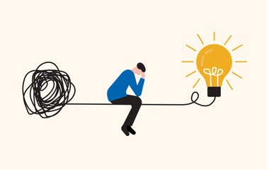 Man frustrated to solve complex problem, sitting between middle of path, brainstorming difficulty illustration