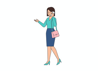 A businesswoman walks while talking on her mobile phone. A young female office worker strolls outdoors, chatting on her smartphone. The illustration is a flat vector on a white background