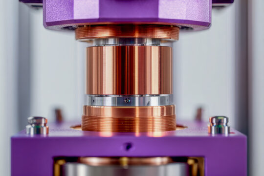 Detailed view of a precision copper component within a purple industrial machine showcasing metallic textures and engineering craftsmanship in manufacturing equipmen