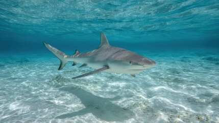 Fototapeta premium A shark glides smoothly through luminous turquoise waters showcasing its power and beauty.