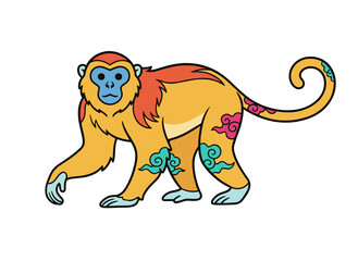 Obraz premium A Chinese golden monkey sporting a blue face and a snub nose, drawn by hand as an exotic Asian creature with a long tail and limbs, presented as a vibrant flat vector on a white backdrop