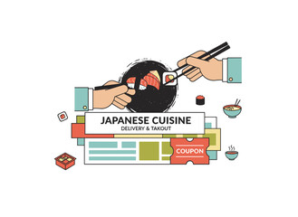 A set of flyers, web banners, or coupons featuring hands holding sushi, sashimi, and rolls with chopsticks against a black backdrop, designed as a vector illustration for an Asian food delivery