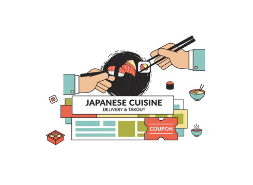 A set of flyers, web banners, or coupons featuring hands holding sushi, sashimi, and rolls with chopsticks against a black backdrop, designed as a vector illustration for an Asian food delivery - Powered by Adobe
