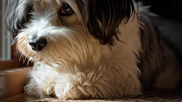 A small dog is laying on the floor with its head down. The dog appears to be tired or sad. Havanese lying peacefully in warm winter corner