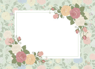 Square card template showcasing tender, blooming English roses with a space for text, set against a natural backdrop embellished with garden flowers, illustrated botanically in an elegant antique
