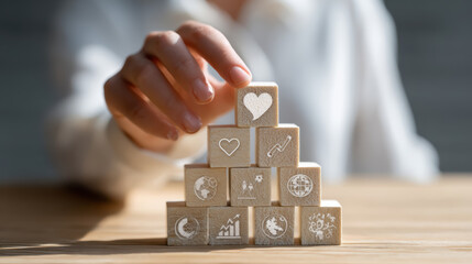 a person stacking wooden cubes into a pyramid shape, each cube has an icon: heart, gear, graph, globe, on a light wood table, natural daylight