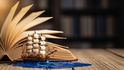 Fantasy Tale Unfolds Miniature Ship Sails from Open Book Pages