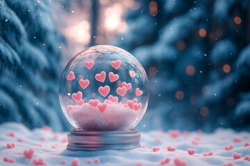 Romantic Snow Globe with Floating Pink Hearts in a Winter Wonderland