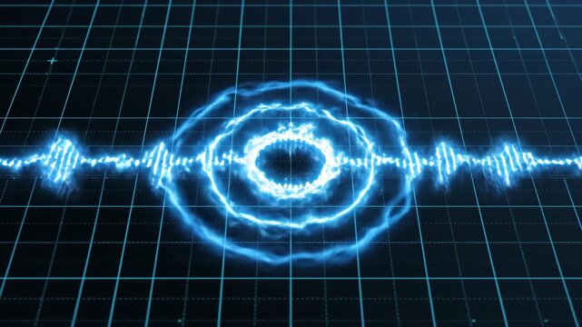 Seamless loop of luminous blue wave pulses resonating and expanding across a dark digital surface, symbolizing abstract sound energy and vibration high tech, presentation, data