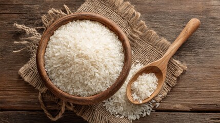 A wooden bowl filled with white rice rests on a burlap cloth next to a spoon evoking a simple kitchen scene.