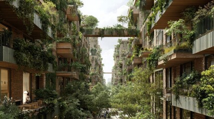 Lush green buildings create a vibrant atmosphere in this urban space filled with life and nature.