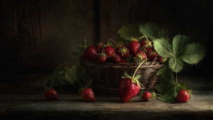 Rustic still life of fresh strawberries in a wicker basket on a weathered wooden surface, lit with soft light