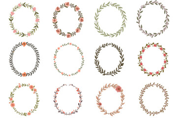 Floral Wreath Collection: A beautiful collection of floral wreaths, each showcasing a unique arrangement of flowers and leaves, creating elegant frames for design.