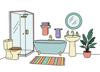 Illustrated in a hand‑drawn style, this modern bathroom interior design features a vibrant vector sketch