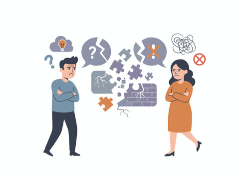Individuals converse with mistrust and suspicion, leading to poor communication and misinterpretation of ideas. A discontent man, doubtful and upset, is displeased with a woman. The scene is depicted