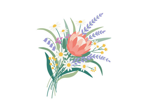 A floral bouquet blends gorgeous proteas with delicate wildflowers, featuring gentle blooms, leaves, and stems, set against a spring garden backdrop in a flat vector illustration on a white