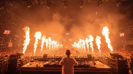 Fire erupts on stage as a DJ energizes a massive crowd during a lively night festival.