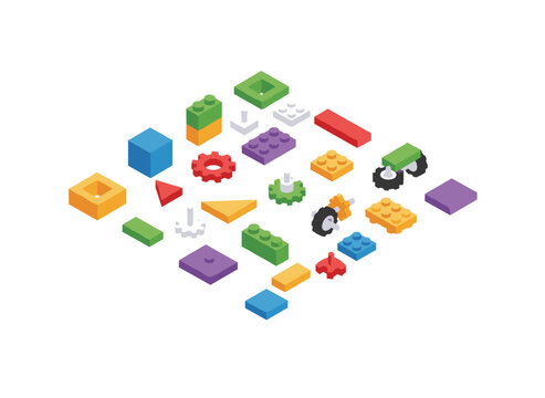A set of colorful, isometric plastic construction pieces displayed against a white background, featuring interlocking toy bricks and building blocks for children, illustrated in vector form