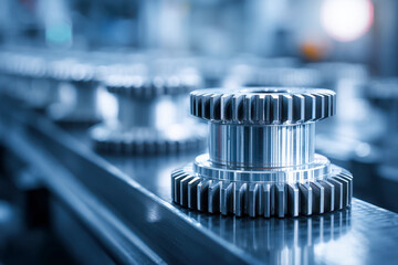 Precision-engineered metallic gear components arranged in a factory setting showcasing advanced manufacturing and mechanical engineering technology in a blue tone