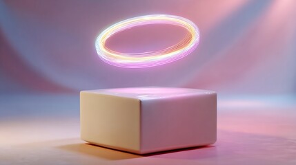 Ultra minimal conceptual stock photo of a soft glowing halo hovering just above a solid white form, symbolizing hidden premium value, smooth pastel background, diffused luxury studio light, shallow de