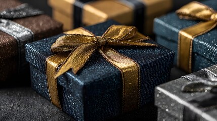 Flat lay of elegant gift boxes wrapped in navy blue, gold, and silver paper with satin ribbons placed on a dark matte background for holiday.
