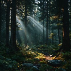 Obraz premium Opulent Natural Landscape Background with Soft Sunlight Filtering Through Morning Mist Creating a Serene and Ethereal Atmosphere