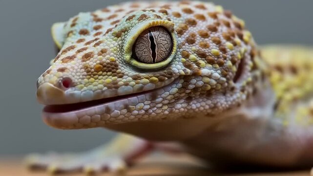 Close-up of a geckos head with intricate skin patterns and a striking eye, showcasing its unique reptilian features.