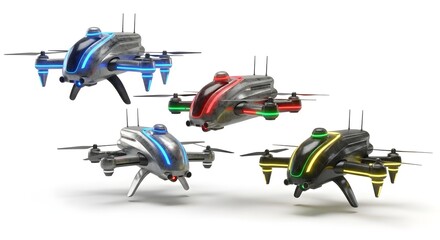 A collection of four futuristic, compact drones with vibrant LED lights, showcasing modern technology and diverse design for recreational flying and advanced aerial applications