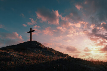 A solitary wooden cross stands on a grassy hilltop against a vibrant sky at sunset with soft clouds creating a peaceful and contemplative atmosphere