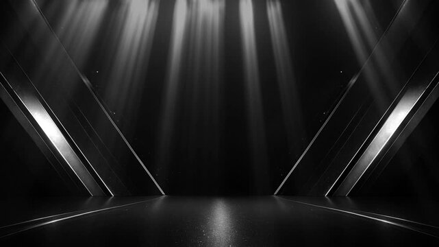 Dark silver stage with golden spotlight lines and glitter texture for award ceremony design. Realistic 3d abstract premium elegant glamour background template for anniversary or winner rewarding.