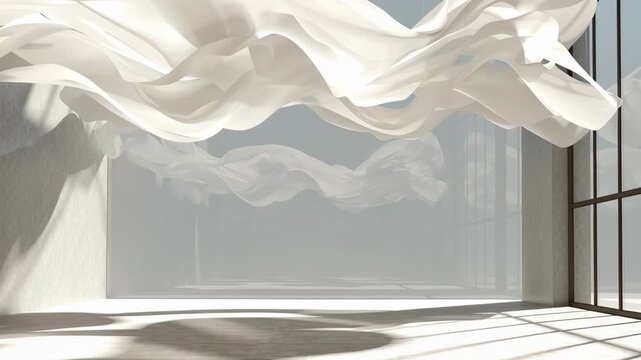 A large white room with a white cloud hanging from the ceiling. The room is empty. Floating soft white cloud ribbons, minimal airy atmosphere, soft directional lighting, cloud dancer pantone