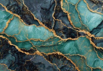 Fototapeta premium Marbleized pattern of deep blue and teal with veining of textured gold flowing throughout the design