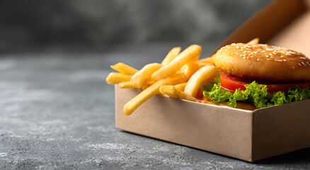 cardboard box holding french fries and chicken patty sits on grey background menu shoot, showing fast food looks like for designers who need simple visual elements for marketing use