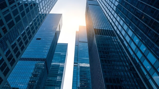 Edificios de oficinas comerciales de rascacielos reflectantes.
 Vista de abajo hacia arriba del paisaje urbano de la gran ciudad moderna.
 IA generativa.
