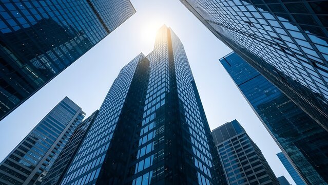 Edificios de oficinas comerciales de rascacielos reflectantes.
 Vista de abajo hacia arriba del paisaje urbano de la gran ciudad moderna.
 IA generativa.