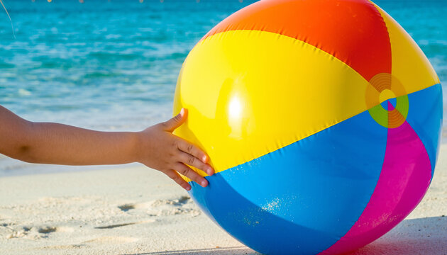 Childs hand reaching for a vibrant beach ball on a sandy shore against turquoise sea. Summer fun, childhood joy, vacation, and colorful play concept. - Powered by Adobe