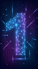 Obraz premium Low Poly Wireframe Number One with Glowing Neon Geometry, Futuristic Digital Mesh Structure, Abstract Polygonal Lines and Light Particles Forming Modern Technology Background Design. Vertical bg