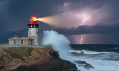 Obraz premium Stormy seas, lighthouse beacon