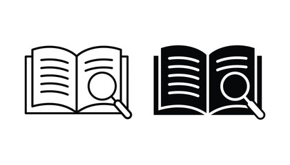 Open a literature book icon with a magnifying glass. Open book magnifier education study icon. Book search icon vector. Knowledge uncovered icon.