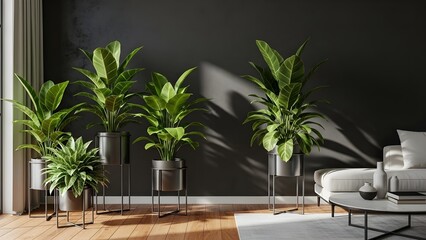Fototapeta premium Pared de hormigón vacía con hermosas plantas colocadas en el suelo al lado. Representación 3d.