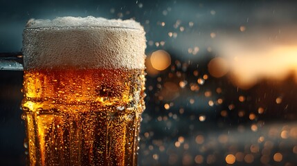 Cold golden amber lager beer features intense condensation, frothy white foam, and cinematic golden hour backlighting for a refreshing vibe.