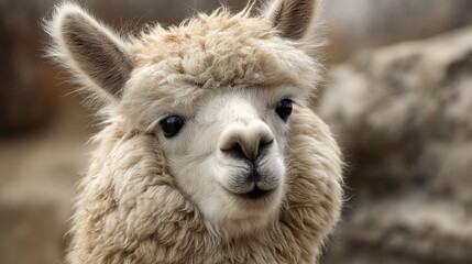 Fototapeta premium Llama with soft fur stands calmly while observing people nearby under the bright sun.
