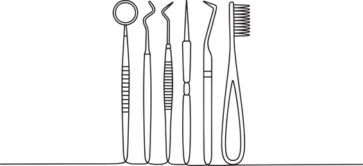Set of basic dental examination and hygiene instruments in a line art drawing
