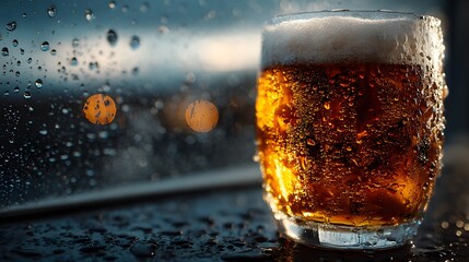 Cold golden amber lager beer features intense condensation, frothy white foam, and cinematic golden hour backlighting for a refreshing vibe.