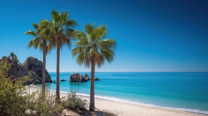 Palms sway gently on a serene beach with tranquil waters lapping the shore on a sunny day.