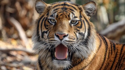Obraz premium A powerful tiger standing tall fiercely roaring in its lush green environment under bright sunlight.