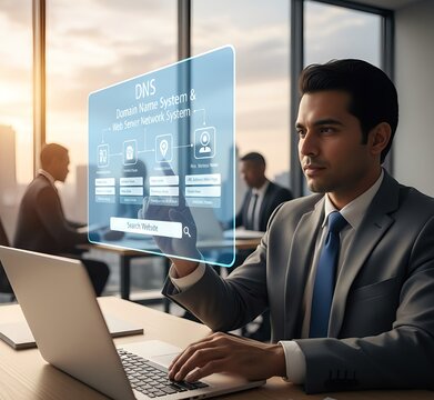 DNS domain name system and web server network system concept. Domain registration, website name, url address web page and hosting on website creation. Search website on computer laptop.