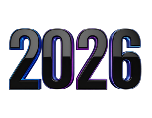 Black Chrome 3D 2026 Text with Neon Glow and Futuristic Cyber Aesthetic on White Background
