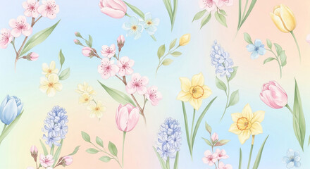 Watercolor spring floral seamless pattern with delicate flowers and pastel background